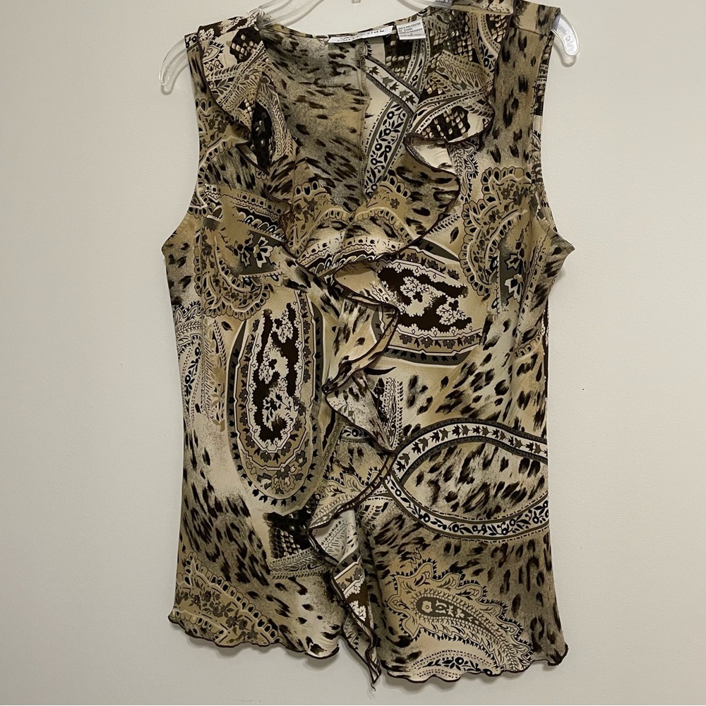 Giorgio Fiorlini Sleeveless‎ Paisley~ Brown and Black Blouse~ Size L~ Ruffles